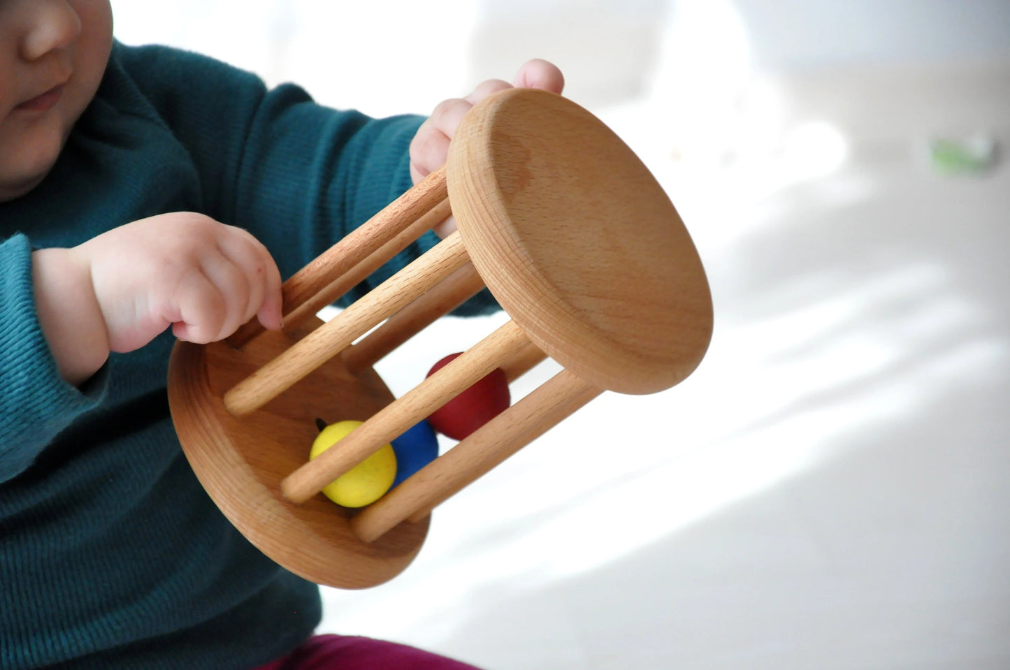 Montessori ball cylinder, Montessori rattle roller, wooden baby rattle, bell cylinder