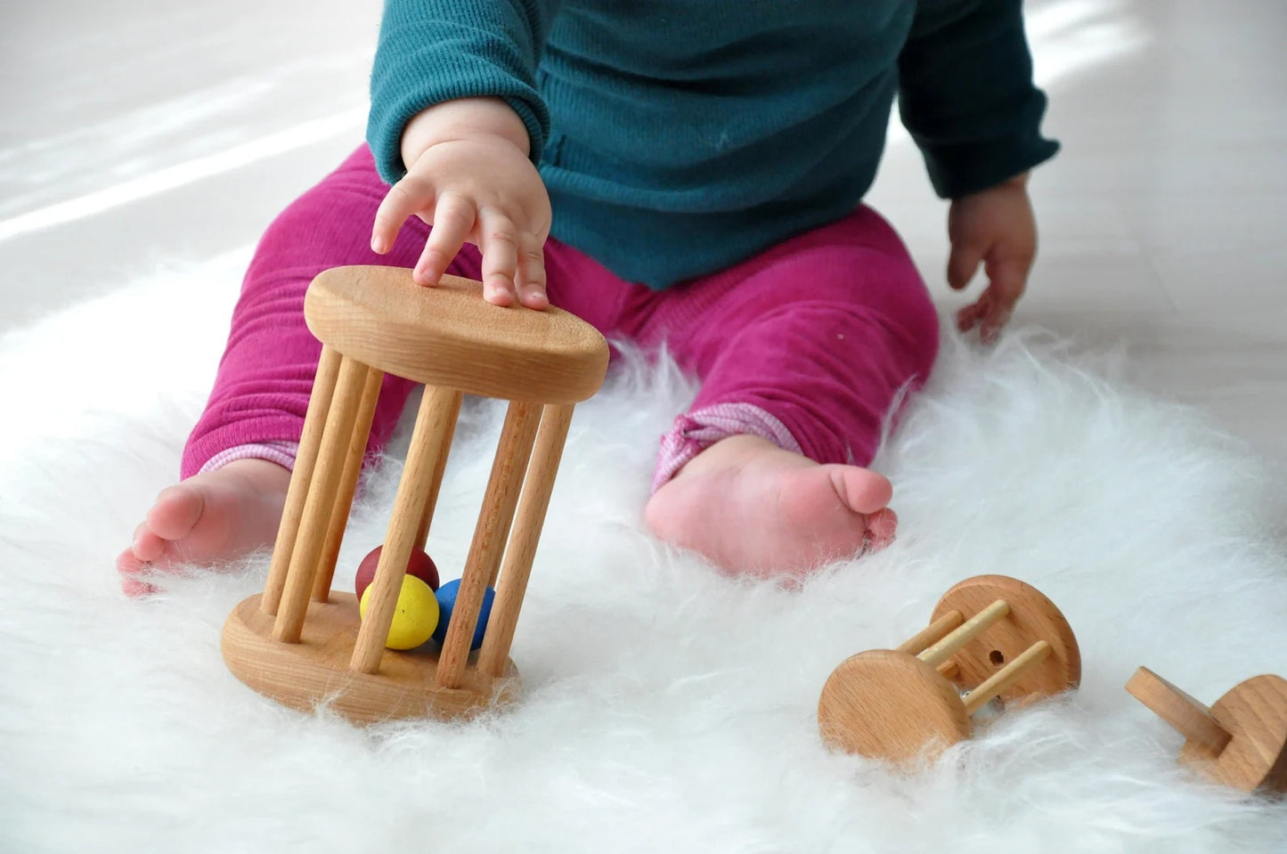 Montessori ball cylinder, Montessori rattle roller, wooden baby rattle, bell cylinder