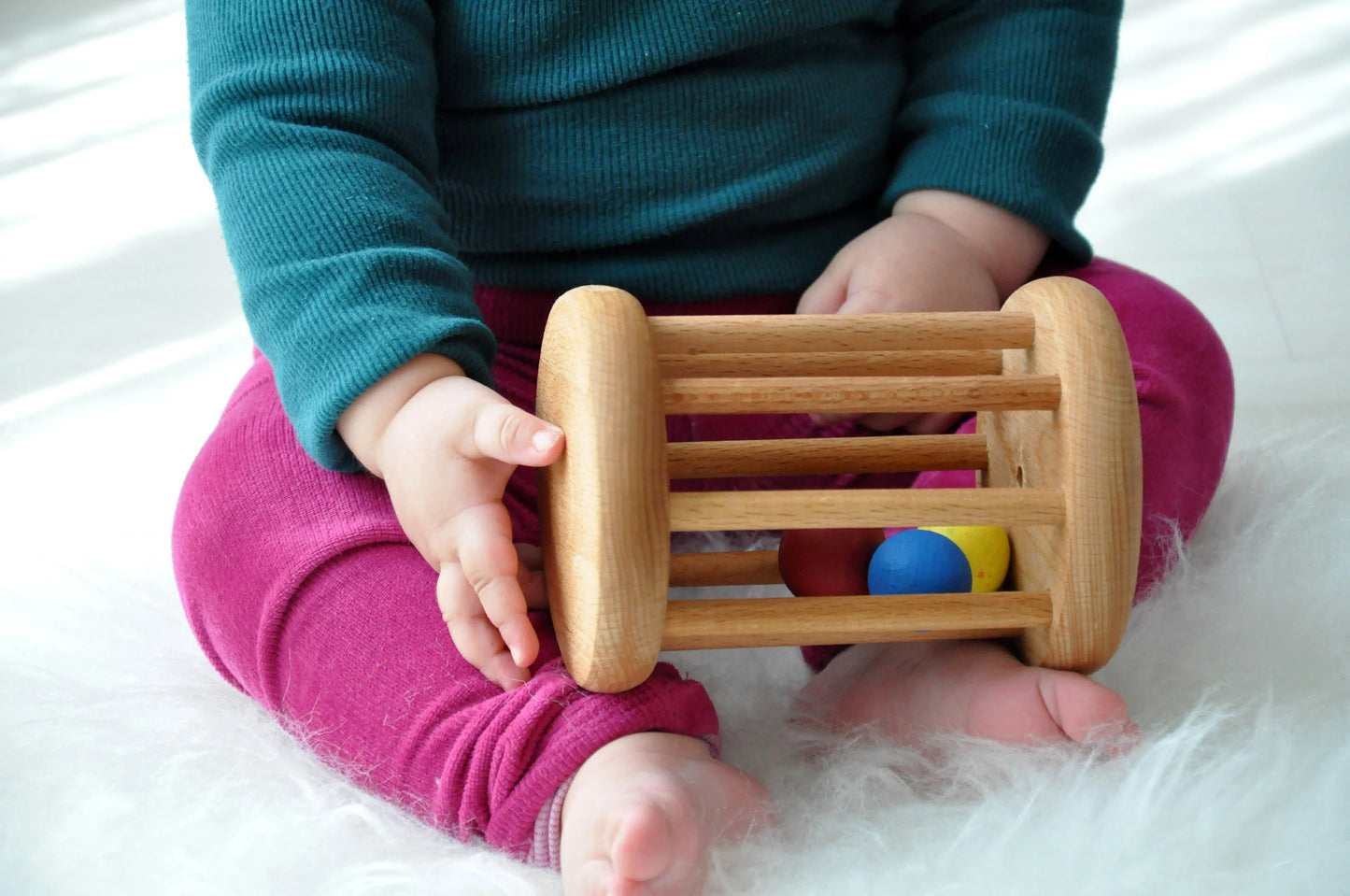 Montessori ball cylinder, Montessori rattle roller, wooden baby rattle, bell cylinder