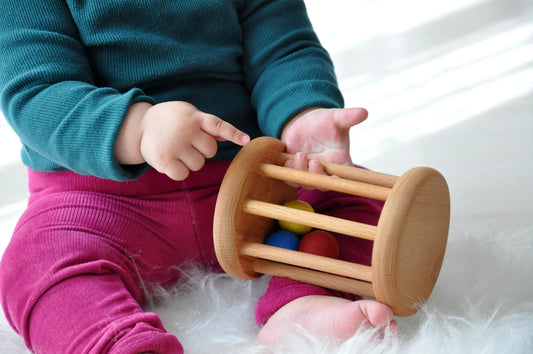 Montessori ball cylinder, Montessori rattle roller, wooden baby rattle, bell cylinder